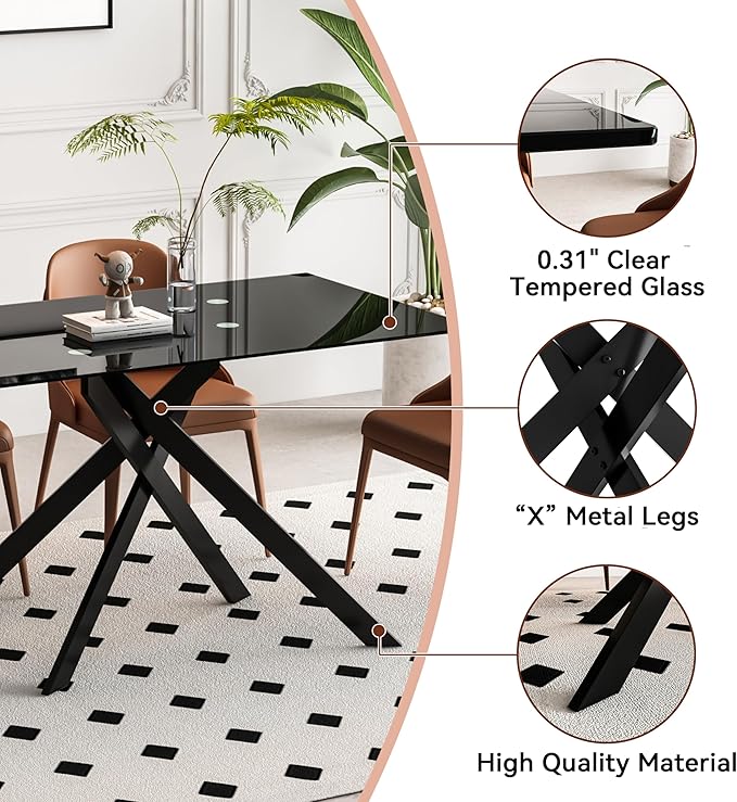 51" Rectangular Glass Dining Room Table for 4 with Tempered Glass Top and Black Metal Legs, Modern Black Kitchen and Dinner Table for Home Office Dining Room