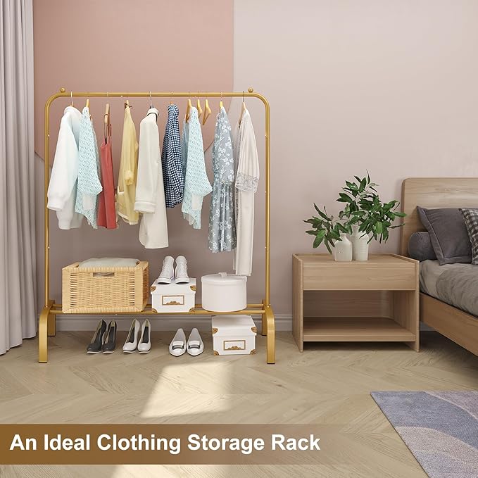 JIUYOTREE Metal 43.3 Inches Garment Rack with Bottom Shelf Clothing Rack for Hanging Clothes Coats Skirts Shirts Sweaters Gold