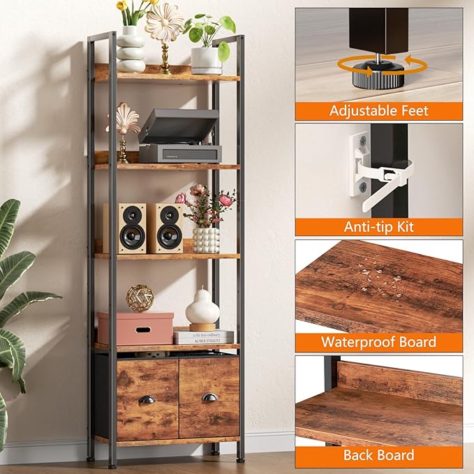 Furologee 5-Tier Bookshelf, Tall Bookcase with 2 Storage Drawers, Adjustable Industrial Display Standing Shelf Units, Wood and Metal Storage Rack for Living Room, Bedroom, Home Office Rustic Brown