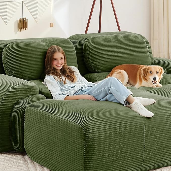 152" Modern Compressed Boneless Couch, 4 Seater Sectional Couches for Living Room, Green Corduroy Cloud Modular Sectional Sofa, Comfy Memory Foam, Extra Deep, Sofas para Sala, No Assembly