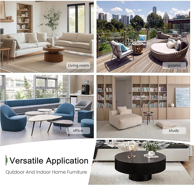 Round Coffee Table for Living Room, 30.91'' Modern Handcraft Drum Coffee Table Unique Fluted Coffee Tables Wood Center Table End Table for Small Space, Farmhouse Apartment Office (Black Thick)