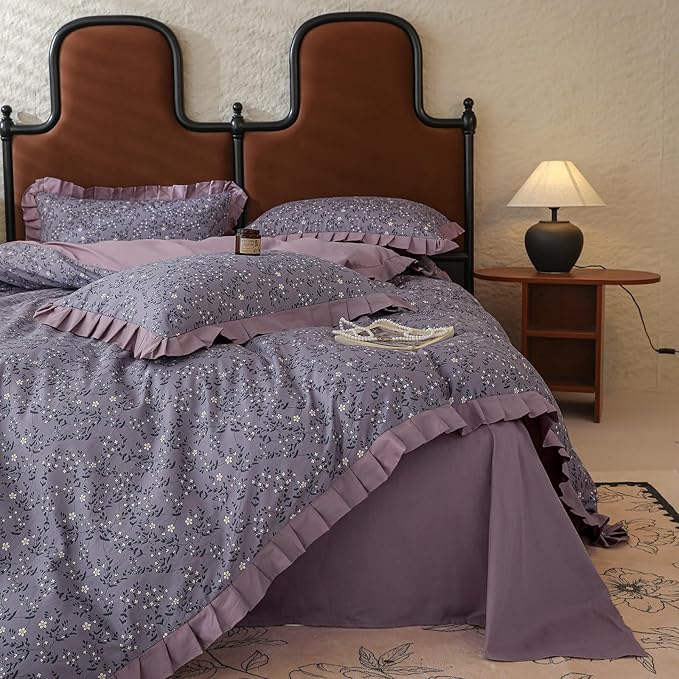 Purple Ruffle Duvet Cover Twin 3 Pieces Cute Daisy Flower Duvet Cover Girls Cottagecore Bedding Set Twin 100% Cotton Romantic Lace Comforter Cover Aesthetic Floral Bedding Cover with Zipper Closure