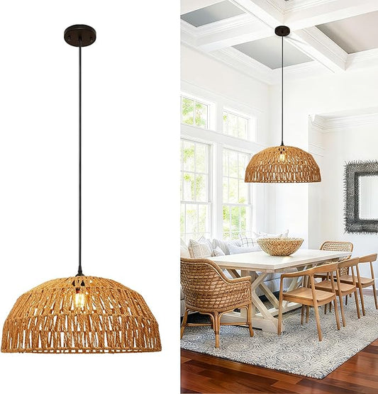 14''Natural Rattan Chandelier Small Rattan Pendant Light -Farmhouse Boho Hanging Light with Included E27 Bulb, 120V Wicker Chandelier for Dining Room Bedroom Living Room Island