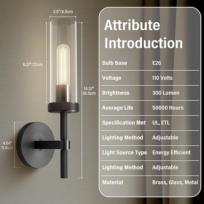 14" Bathroom Vanity Wall Sconces,Matt Black Wall Sconces Set of Two,Glass Tube Sconces Wall Lighting Indoors,Wall Lights for Mirror, Living Room, Bedroom, Hallway