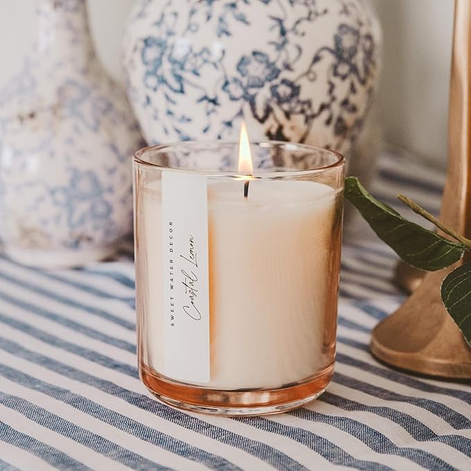 Sweet Water Decor Coastal Lemon Scented Candles – Soy Candles with Lemon, Sea Salt, Jasmine & Driftwood – Summer Cozy Aroma – 50 Hour Burn – 12oz Tinted Glass Jar for Home Decor and Bedroom Décor