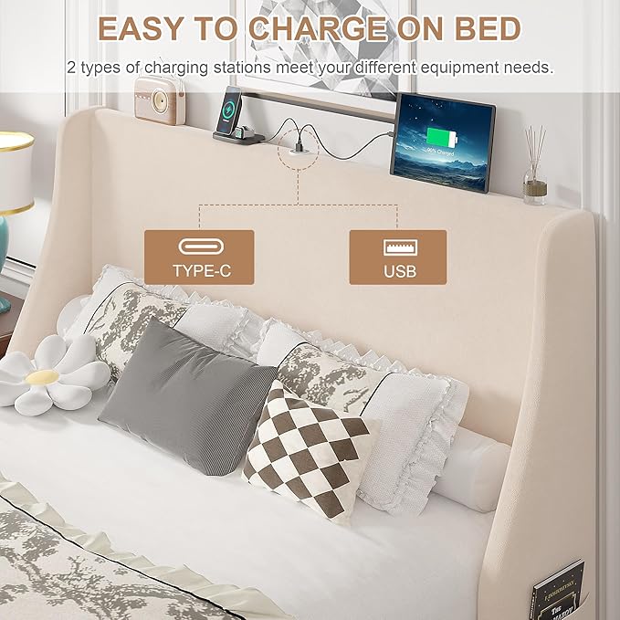 VECELO Queen Bed Frame with Upholstered Wingback Headboard, Heavy-Duty Platform Bedframe with Charging Station, Wooden Slats, No Box Spring Needed, Beige