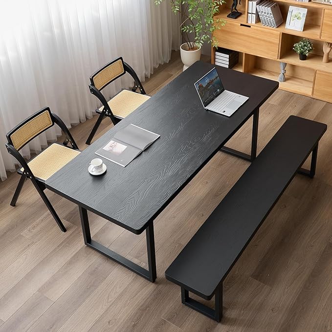Modern Solid Wood Dining Table with Metal Base Stylish Durable Dining Room Table in Black Multiple Sizes Home Use Office Desk(55.12in)