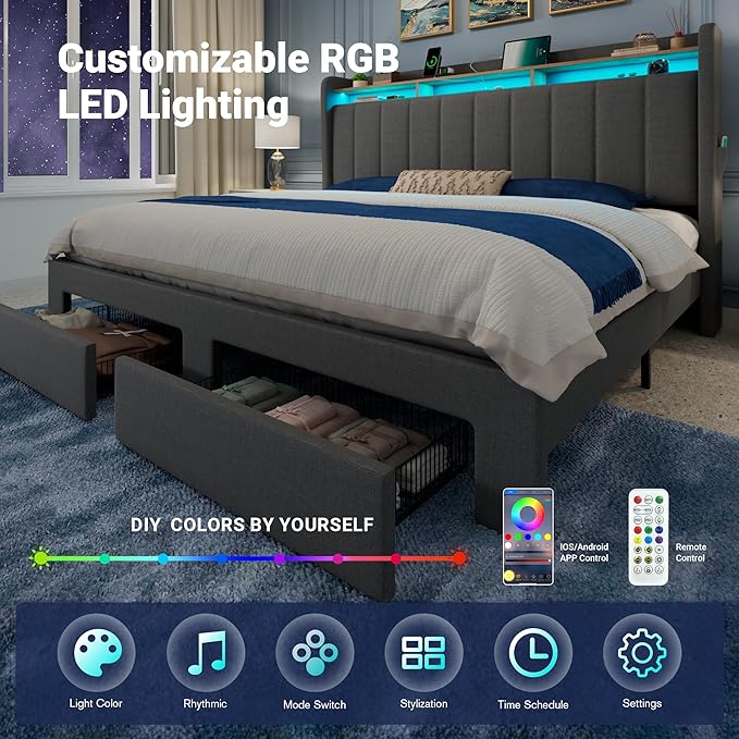 Allewie Vertical Tufted King Size Upholstered Platform Bed Frame with 2-Tier LED Storage Headboard & 2 Storage Drawers, USB & Type-C Charging Ports, Noise-Free/No Box Spring Needed, Dark Grey