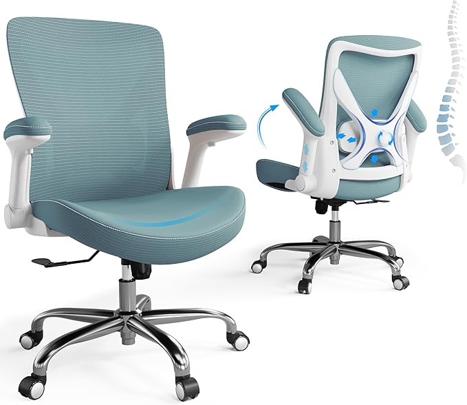 Office Home Ergonomic Desk Chair-Computer X-Shaped Chair Mesh PU Leather with Adjustable Lumbar Support-Executive Chair High Back Flip-Up Arms for Long Hours (Sky Blue-No Headrest)