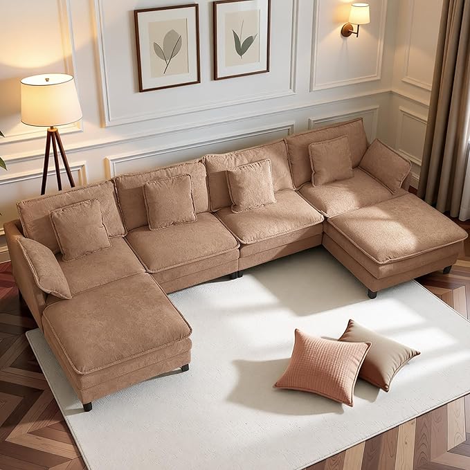Claiks 148" Modular Sectional Sofa, Cloud Couch with Ottoman, U-Shaped 6-Seater Sofa in Chenille Fabric, Deep Seat Comfy Couch with Pillows for Living Room & Offices, Khaki