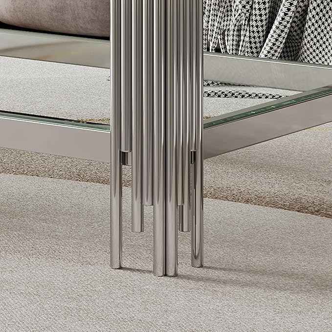 Goujxcy Modern Glass Coffee Table 47" Silver Center Table with Tempered Glass Top and Mirror Finish Stainless Steel Legs, Luxury Rectangular Coffee Table for Living Room Apartment (Silver)