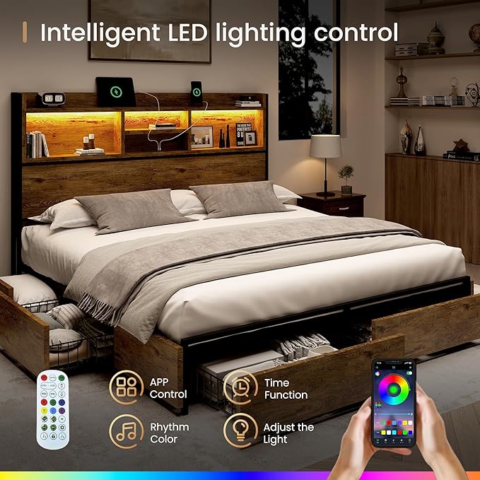 Queen Storage Bed Frame with 6 Drawers, USB Charging Station, No Noise, No Box Spring Required, Vintage Brown Headboard Platform Bed