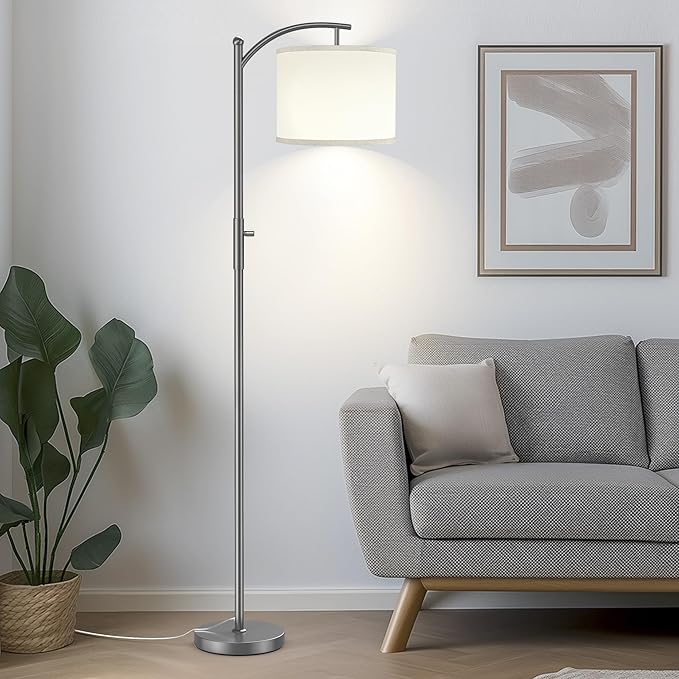 Dimmable Floor Lamp, Arc Floor Lamps for Living Room, Stepless Dimming Modern Standing Lamp with Linen Shade, Tall Lamp for Bedroom Office Dining Room- Grey