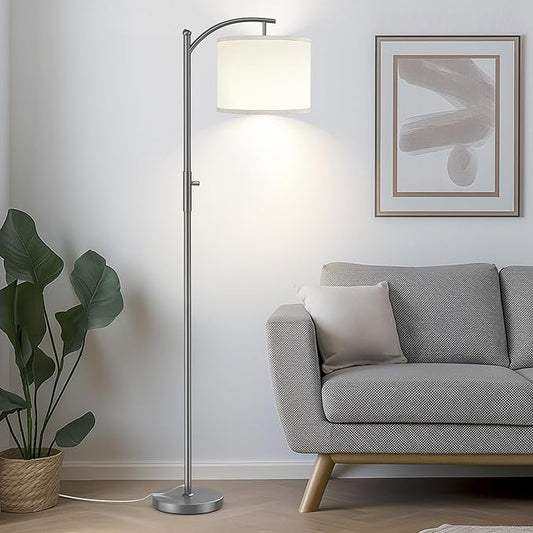 Dimmable Floor Lamp, Arc Floor Lamps for Living Room, Stepless Dimming Modern Standing Lamp with Linen Shade, Tall Lamp for Bedroom Office Dining Room- Grey