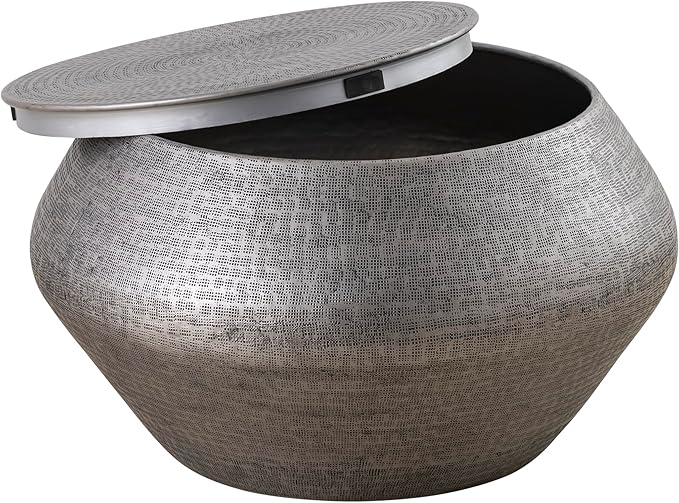 Albany Living Modern Cylindrical Aluminum Hammered Embossed Texturing, Metal Drum Coffee Table with Removable Lid for Storage,Fully Assembled, for The Living Room and Bedroom, Gray