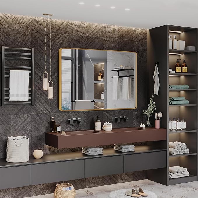 Gold Framed Mirrors for Bathroom,48 x 30 Inch Rounded Conner Rectangle Mirror for Wall, Matte Gold Vanity Mirror with Tempered Glass,Anti-Rust,Hangs Horizontally or Vertically