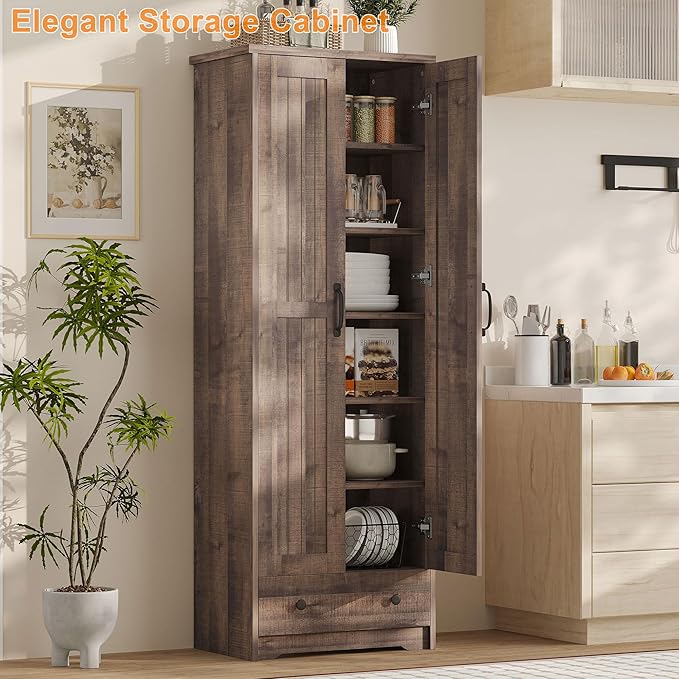 70" Tall Storage Cabinets, Large Wood Storage Pantry Cabinet with 6 Adjustable Shelves, 2 Striped Doors & Drawer, Standing Utility Cabinet for Kitchen, Bathroom, Dining Room, Antique (Brown)
