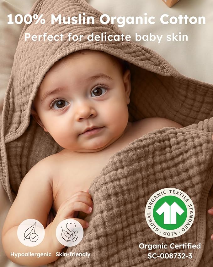 Yoofoss Hooded Baby Towels for Newborn 2 Pack 100% Muslin Organic Cotton Baby Bath Towel with Hood for Babies, Infant, Toddler and Kids, 37.5"x37.5", Soft and Absorbent Newborn Essential, Beige&Coffee