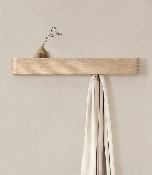 Kazai. Wall-Mounted Coat Rack 'Toke' - Modern Design Coat Rack with Hidden Wall Hooks - Solid Wood Veneer Panel Coat Hanger - Oak, White