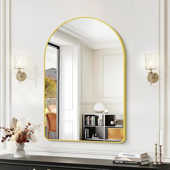 Arched Bathroom Mirror, 24"x36" Gold Arched Mirror for Bathroom, Wall Mounted Mirror, Gold Vanity Wall Mirror w/Metal Frame for Bedroom, Entryway, Living Room, Vertically Hanging