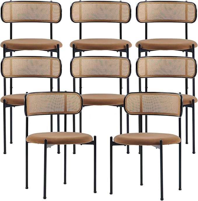 Rattan Dining Chairs Set of 8, Mid Century Modern Dining Chairs with Cane Back and Boucle Upholstered Seat, Farmhouse Kitchen Chairs for Dining Room and Living Room, Brown
