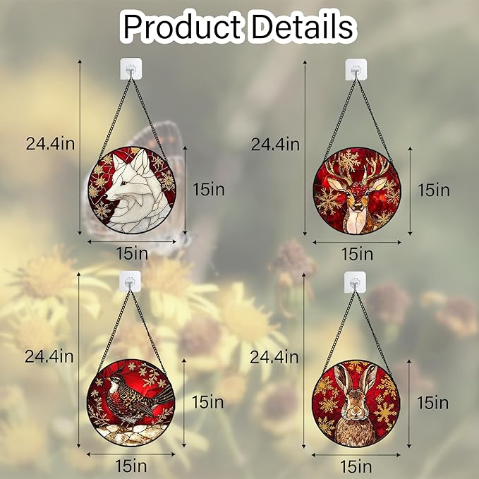 Stained Glass Window Hanging 4 Pcs Set Red Golden Snowflakes Large 15" - Christmas Elk Rabbit Suncatcher Door Garden Sun Catcher Decor Birthday for Mom Woman Nana Men