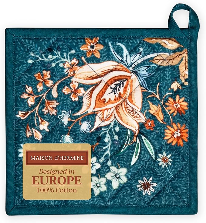 Maison d' Hermine Pot Holders 100% Cotton Heat Resistant Potholders 8" x 8" Hot Pads with Loop for Thanksgiving Christmas Decorations Baking Handling Hot Pans (Pack of 1, Luxury Loft - Dark Teal)
