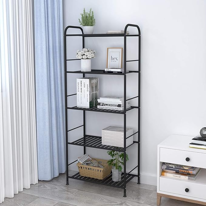 JSB 5-Tier Adjustable Shelving Unit, Heavy Duty Storage Rack Organizer Metal Corner Shelf for Kitchen Living Room Laundry Pantry Bathroom (Black, 5 Tier)…