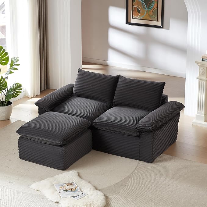 80" Cloud Sectional Couch with L-Shaped Chaise, Corduroy Sectional Sofa with Ottoman, Boneless Couch with Deep Seat in a Box for Living Room, No Assembly Required (Dark Grey)