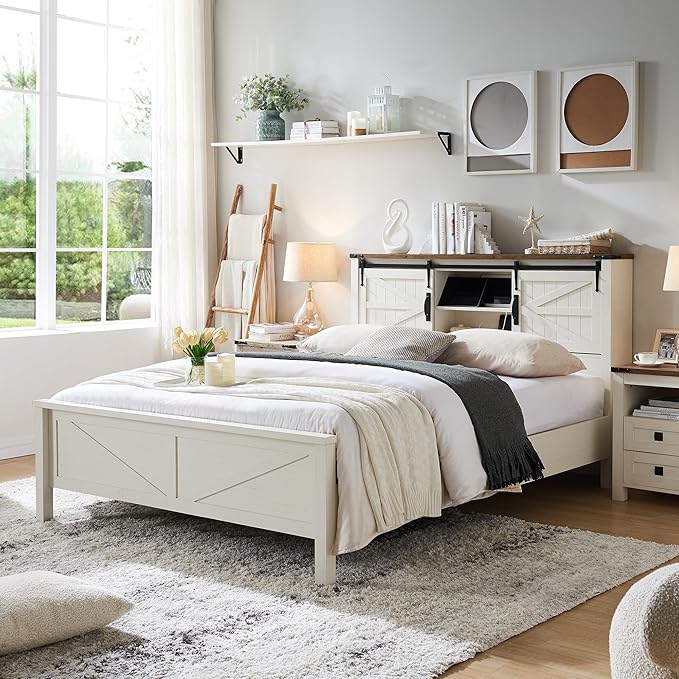 RedLemon Farmhouse Full Size Bed Frame with Bookcase Headboard, Sliding Barn Door, Storage Cabinet, Charging Station, Wood Slats Support, No Box Spring Needed, Antique White