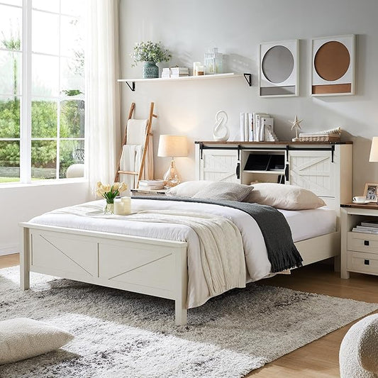 RedLemon Farmhouse Full Size Bed Frame with Bookcase Headboard, Sliding Barn Door, Storage Cabinet, Charging Station, Wood Slats Support, No Box Spring Needed, Antique White