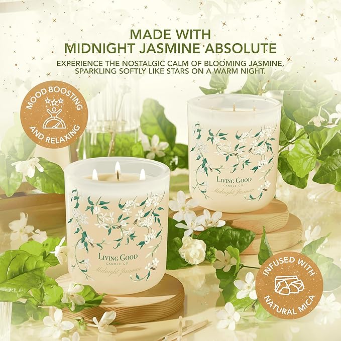 Midnight Jasmine Beeswax Candle - Nostalgic Soft Jasmine with Pink Pepper & Vanilla - Subtle & Refreshing - 90+ Hours of Clean & Non-Toxic Burn - Hand-Drawn Jar - Perfect Unique Gift - 15 OZ