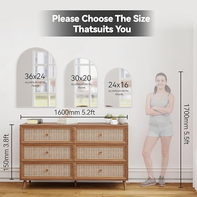 24x36 Arch Mirror Square Full Length Wall Mounted Hanging or Against Wall Metal Aluminum Alloy Frame Dressing Make-up Mirrors for Entryway Bedroom Bathroom Living Room 24 36 inch Silver