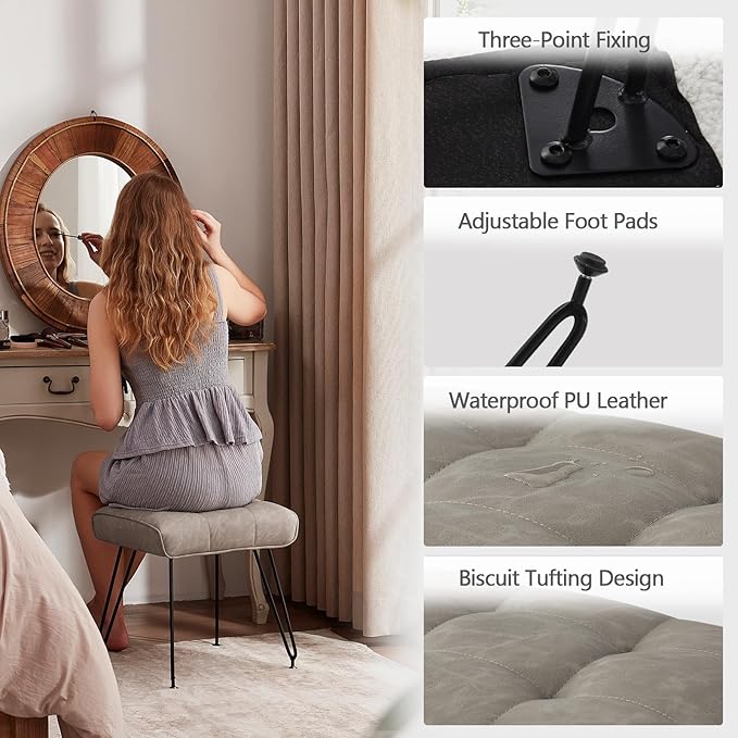 PU Leather Vanity Stools, Vanity Stool Chairs for Makeup Faux Leather Foot Stools Ottoman with Metal Leg Make up Chairs for Vanity Small Bench Seat for Living Room Bedroom (Gray)