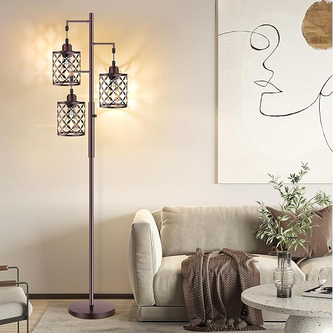 68" Dimmable Floor Lamp, Farmhouse Standing Lamp with Elegant Metal Cage, Industrial Tall Tree Floor Lamps for Living Room, Bedroom, Study Room, Office (2000LM LED Bulbs Included) - Brown