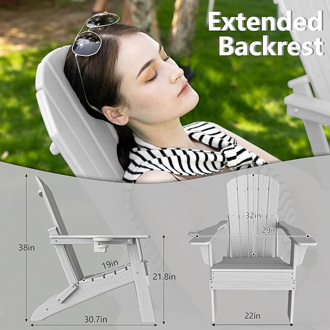 Plawdlik Folding Adirondack Chair, SGS Tested, Wooden Textured with Cup Holder, Heavy All-Weather HDPE Comfortable Set Poolside Backyard Lawn White Set 2