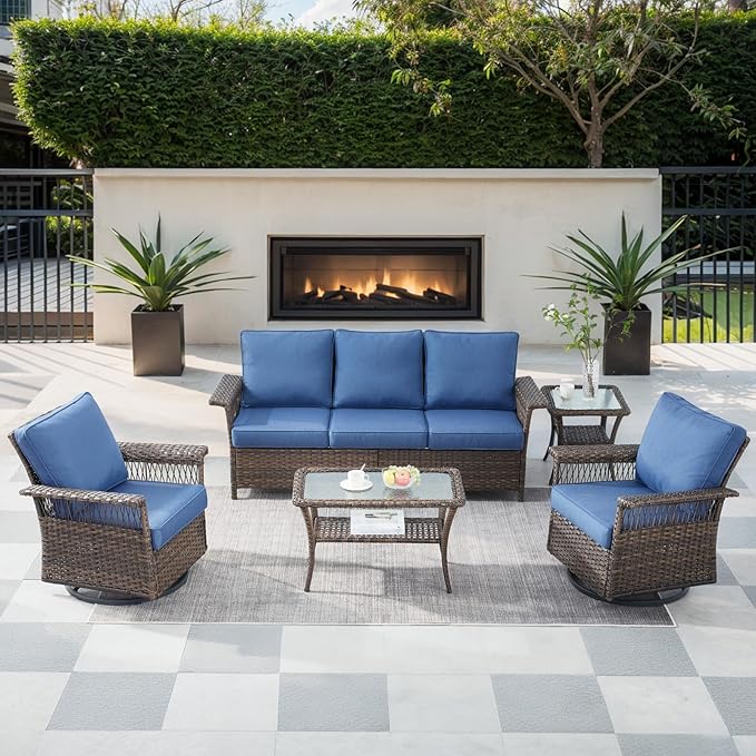 5 Pieces Wicker Patio Furniture Set - Hollow Widen Armrests Outdoor Swivel Glider Chairs and 3 Seat Sofa with Coffee Table & Side Table for Balcony Porch Deck and Yard - Brown/Blue