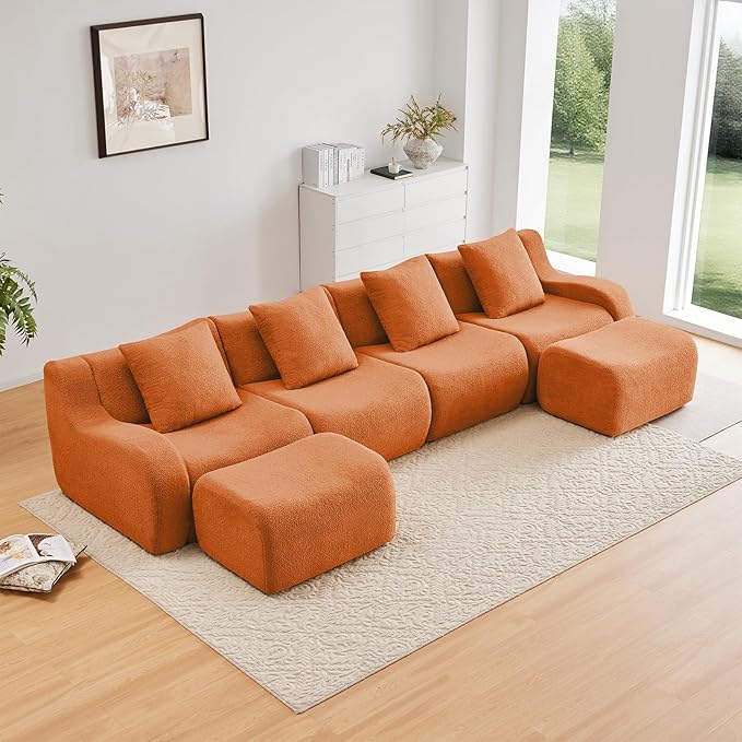 Orange U-Shaped Cloud Couch with 2 Ottomans, Modern Teddy Fabric Boneless Sectional Sofa in a Box for Living Room, Modular Floor Couch, Deep Seat, No Assembly Required, Sofas para Sala