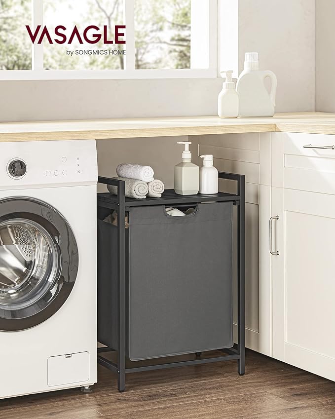 VASAGLE Laundry Hamper, Laundry Basket, Laundry Sorter with A Pull-Out and Removable Bag, Shelf, Metal Frame, 17.2 Gallons (65 L), 19.7 x 13 x 28.4 Inches, Gray and Black UBLH101G01
