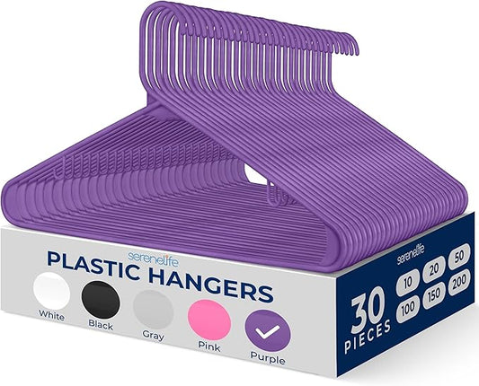 SereneLife 30 Pack Plastic Clothes Hangers – Ultra Lightweight Slim Non Slip Heavy Duty Closet Hanger Set for Coats Shirts Dresses Pants Durable Space Saving Wardrobe Organization (Purple)