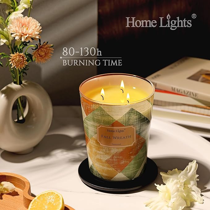 HomeLights Large jar Candle | 3-Wick Long-Lasting Scented Candles, 34oz Natural Soy Wax Candle for Home Scented, Rustic Modern Gifts for Women & Men, Fall Wreath