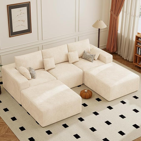 113" Modular Sectional Sofa, Convertible U-Shaped Cloud Couches for Living Room with Ottoman, 5 Seater Corduroy Boneless Couch Sofa Set, No Assembly Required, Beige 1 PCS
