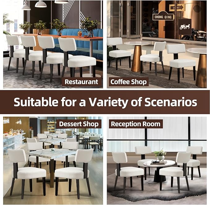 Dining Chairs Set of 4, Fabric Upholstered Wood Kitchen Chairs, Armless Linen Curved Backrest Accent Chair Farmhouse Modern Dining Chairs with Foot Pad for Kitchen/Living Room/Restaurant/Cafe-Beige