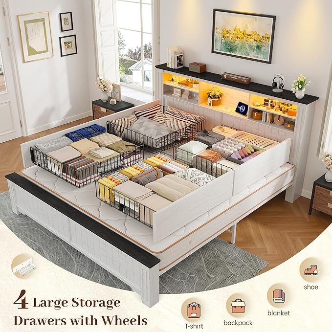 EnHomee King Bed Frame and Headboard, King Size Bed Frame with 4 Storage Drawers, King Bed with LED Lights & Charging Ports,No Box Spring Needed,NO Noise,Wooden, White