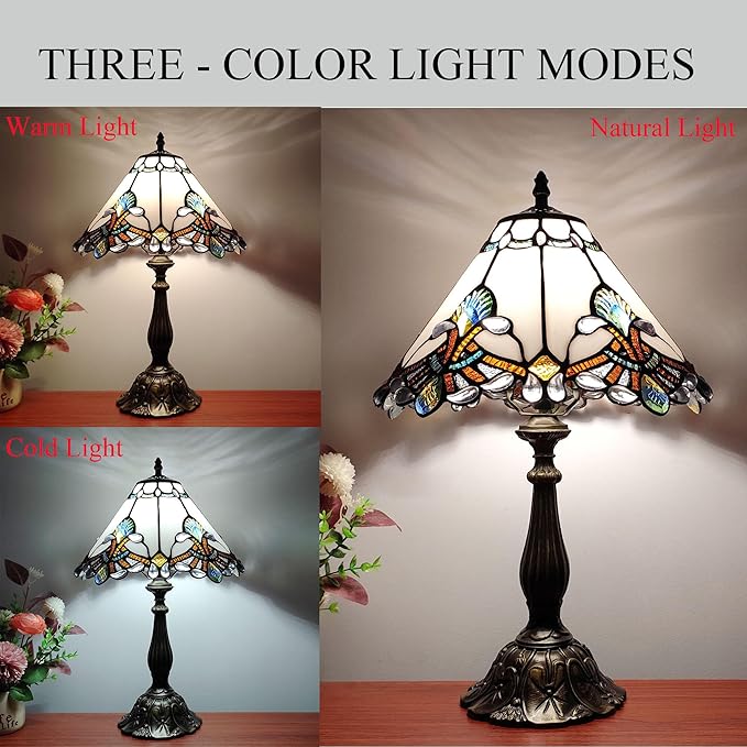 Tiffany Lamp White Baroque Style Stained Glass Lamp 12X12X19 inch Vintage Bedroom Table lamp 3-Way Tiffany Style Reading Desk Light for Home Living Room Office Include Light Bulb