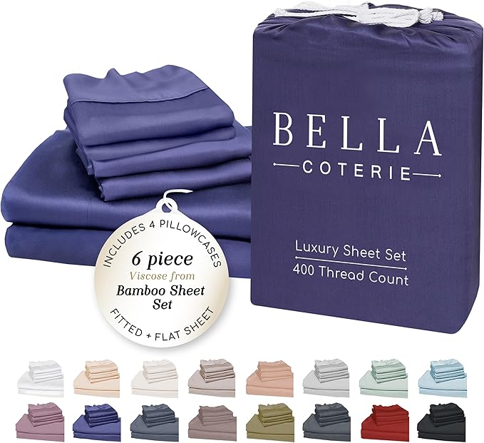 Bella Coterie 6 Piece Luxury Bamboo Viscose Split Top King Size Sheet Set | 34" Split for Adjustable Beds | 100% Organically Grown| Cooling | 18” Deep Pocket | 4 Pillowcases [Twilight Blue]