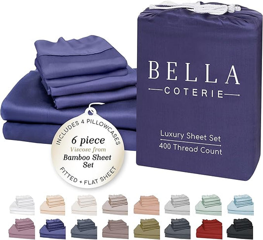 Bella Coterie 6 Piece Luxury Bamboo Viscose Split Top King Size Sheet Set | 34" Split for Adjustable Beds | 100% Organically Grown| Cooling | 18” Deep Pocket | 4 Pillowcases [Twilight Blue]