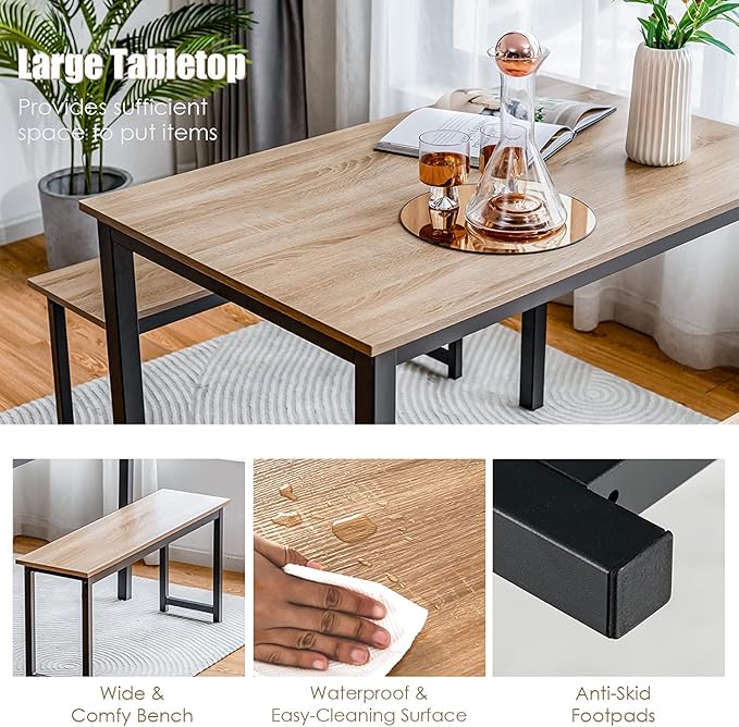 LDAILY Moccha Dining Table Set for 4, Kitchen Table with Benches,43 Inch 3-Piece Wooden Space-Saving Dinette Set with Metal Frame for Kitchen, Dining Room,Small Spaces, Industrial Brown & Black