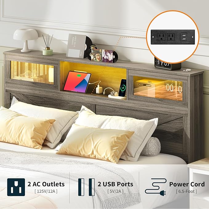 Yoobure Farmhouse Queen Bed Frame with Headboard - Bed Frame Queen Size with Charging Station & LED Lights, Wood Bedframe Queen-Size with 2 Storage Drawer, Platform Beds, No Box Spring Needed, Grey