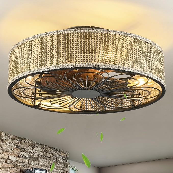 Modern Boho Rattan Flush Mount Ceiling Fans with Lights and Remote Control Low Profile Bladeless Ceiling Fan Timer and 6-Speed Reversible Motor for Bedroom, Kitchen, Dining Room Include Bulbs